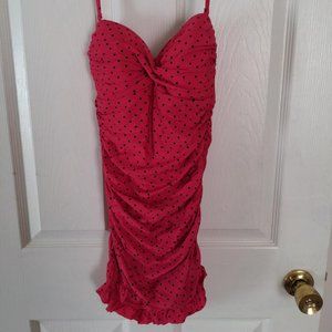 Pink Polka Dot One-Piece Bathing Suit w/ Ruffle Skirt + Adjustable Halter Strap